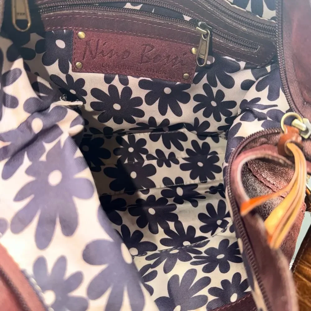 Nino Bossi Burgundy Leather Hobo Bag Whipstitch Boho Shoulder Purse